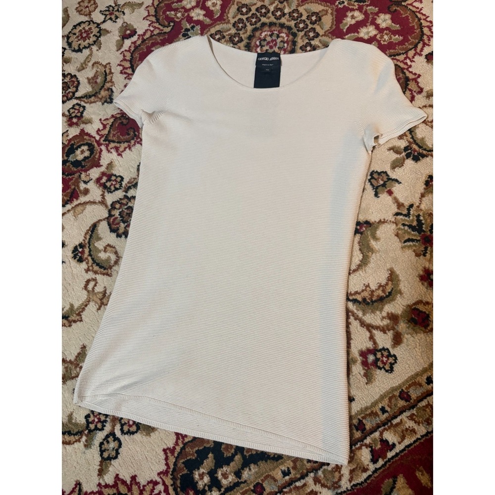 Giorgio Armani Top Womens 40 Beige Ribbed Knit Short Sleeve Italy
